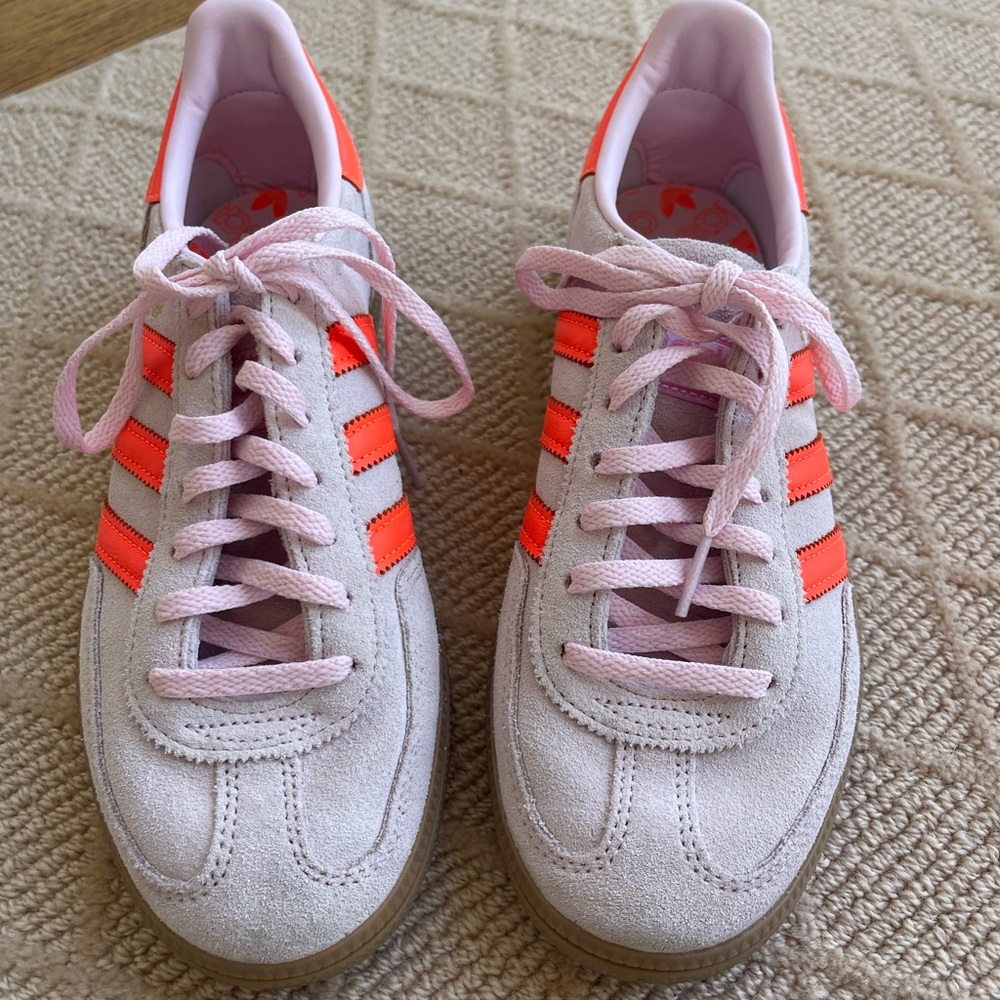Adidas Spezial Suede Sneakers in Light Pink with Neon Orange Stripes - Picture 2 of 6